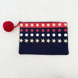 Boden Red Zip Canvas Pouch Clutch Metallic Stars and Tassel Red White & Blue